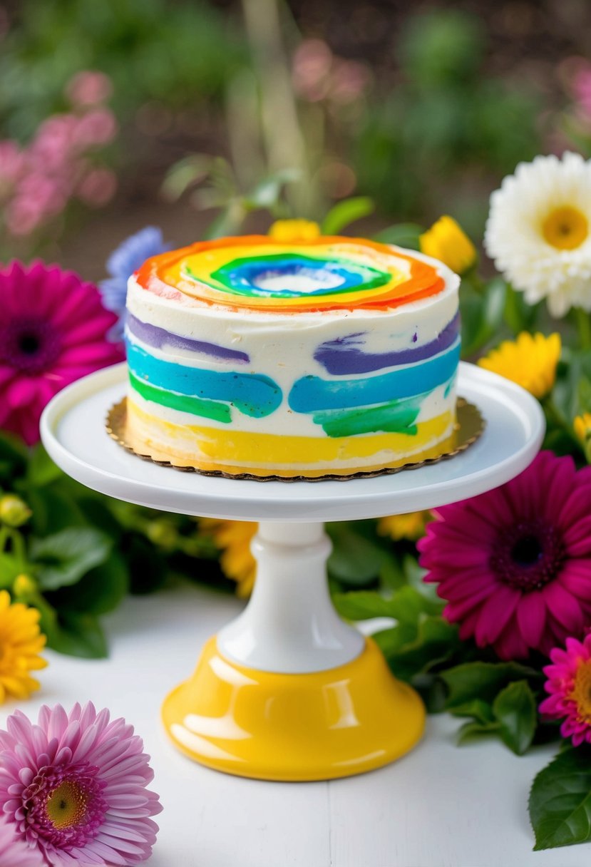 A mini rainbow cake sits on a white pedestal, adorned with colorful brushstrokes and surrounded by vibrant flowers