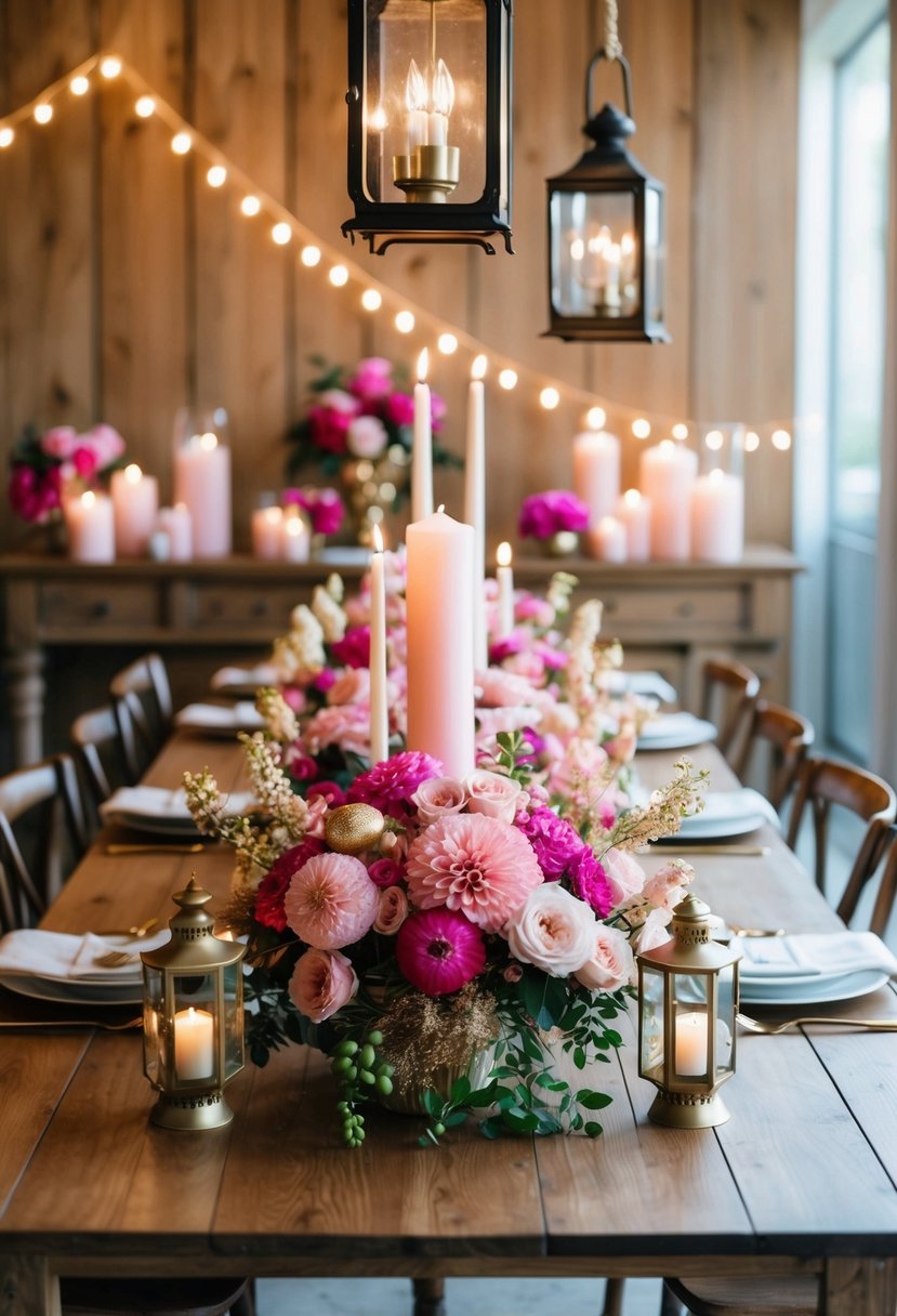 A wooden table adorned with pink and gold floral arrangements, candles, and vintage lanterns