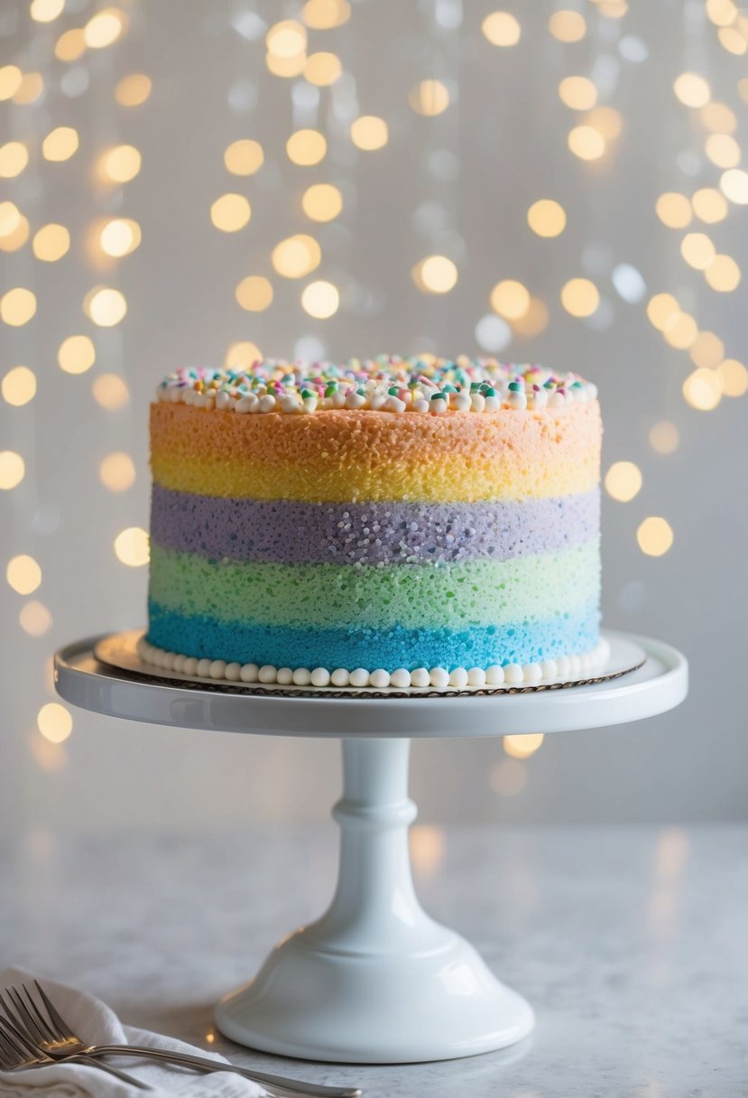 A shimmery rainbow cake adorned with pearly sprinkles, standing tall and elegant on a pristine white cake stand