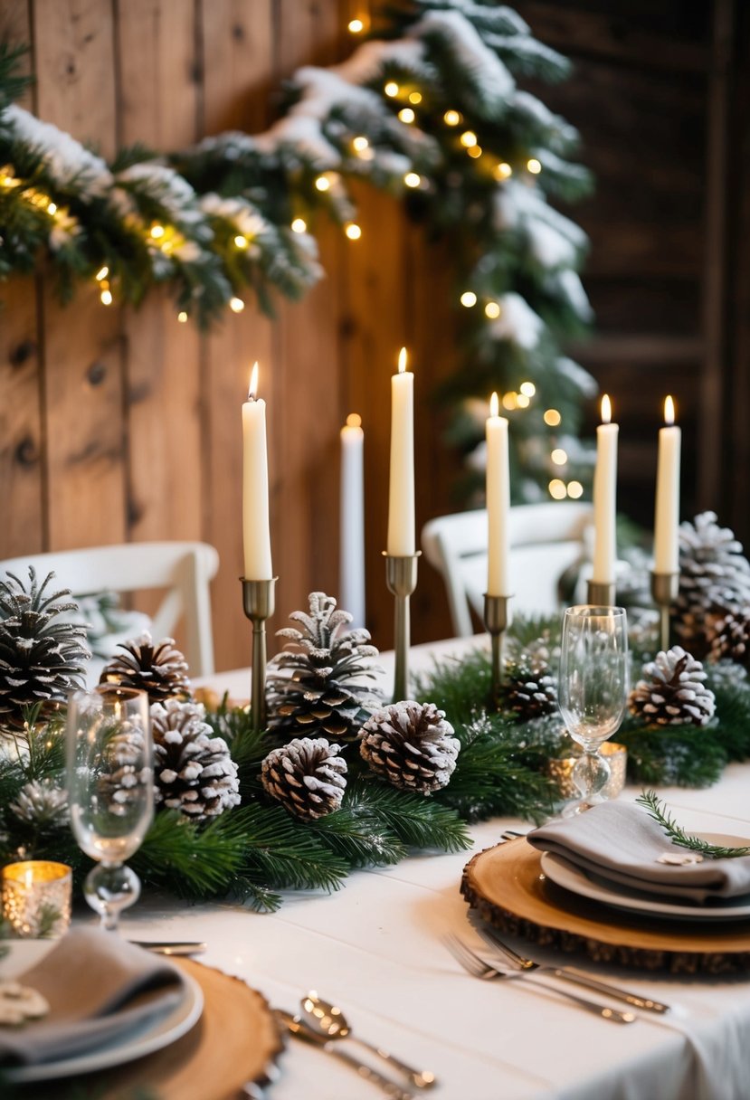 A cozy winter wedding with twinkling lights, evergreen garlands, and snow-covered pinecones adorning the tables. A rustic wooden backdrop with candles and a touch of shimmering silver accents