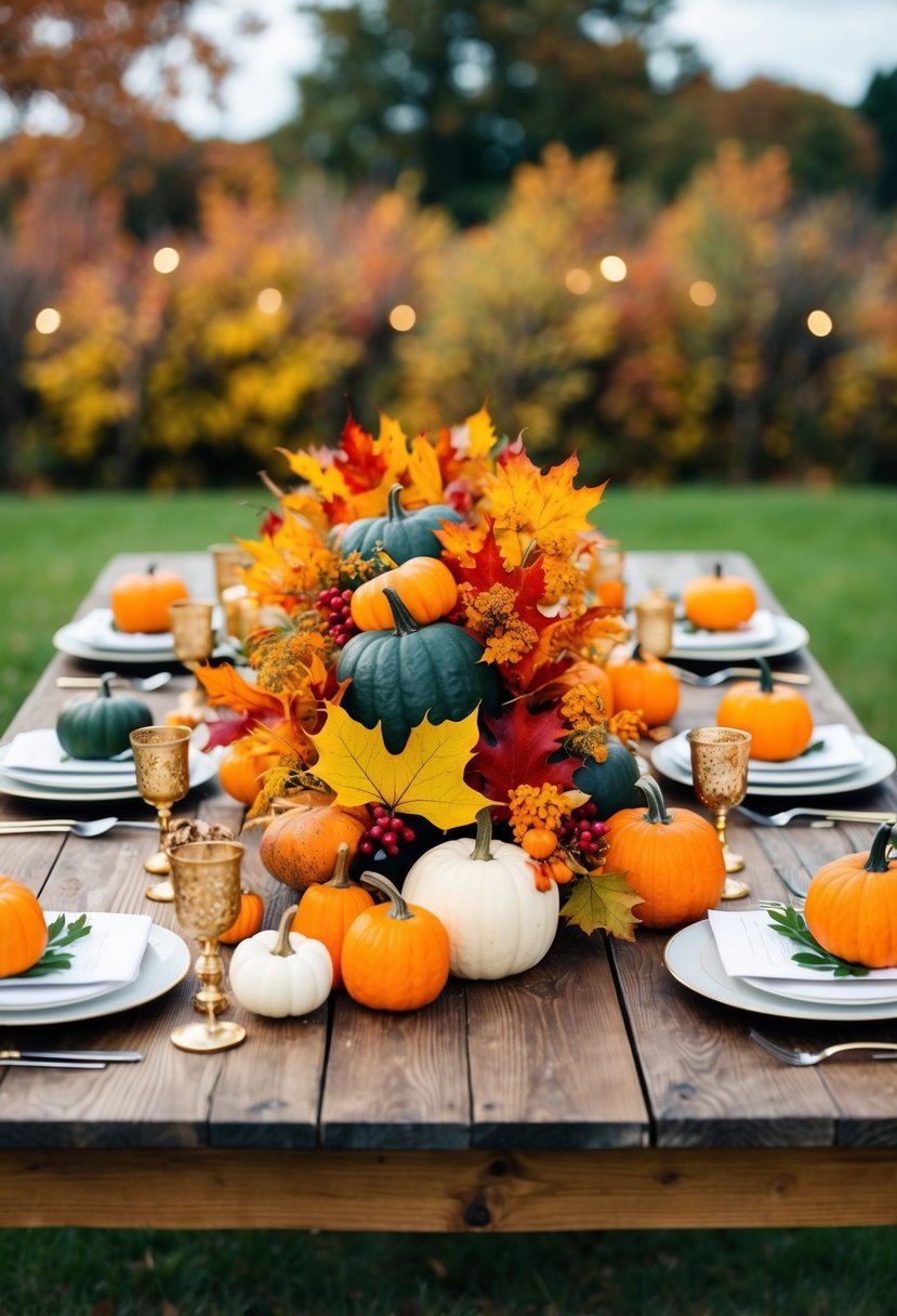 A rustic wooden table adorned with vibrant autumn leaves and pumpkins arranged in a wedding centerpiece