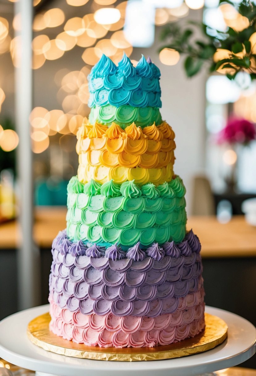 A tall, vibrant rainbow layer cake with cascading colors and delicate frosting swirls