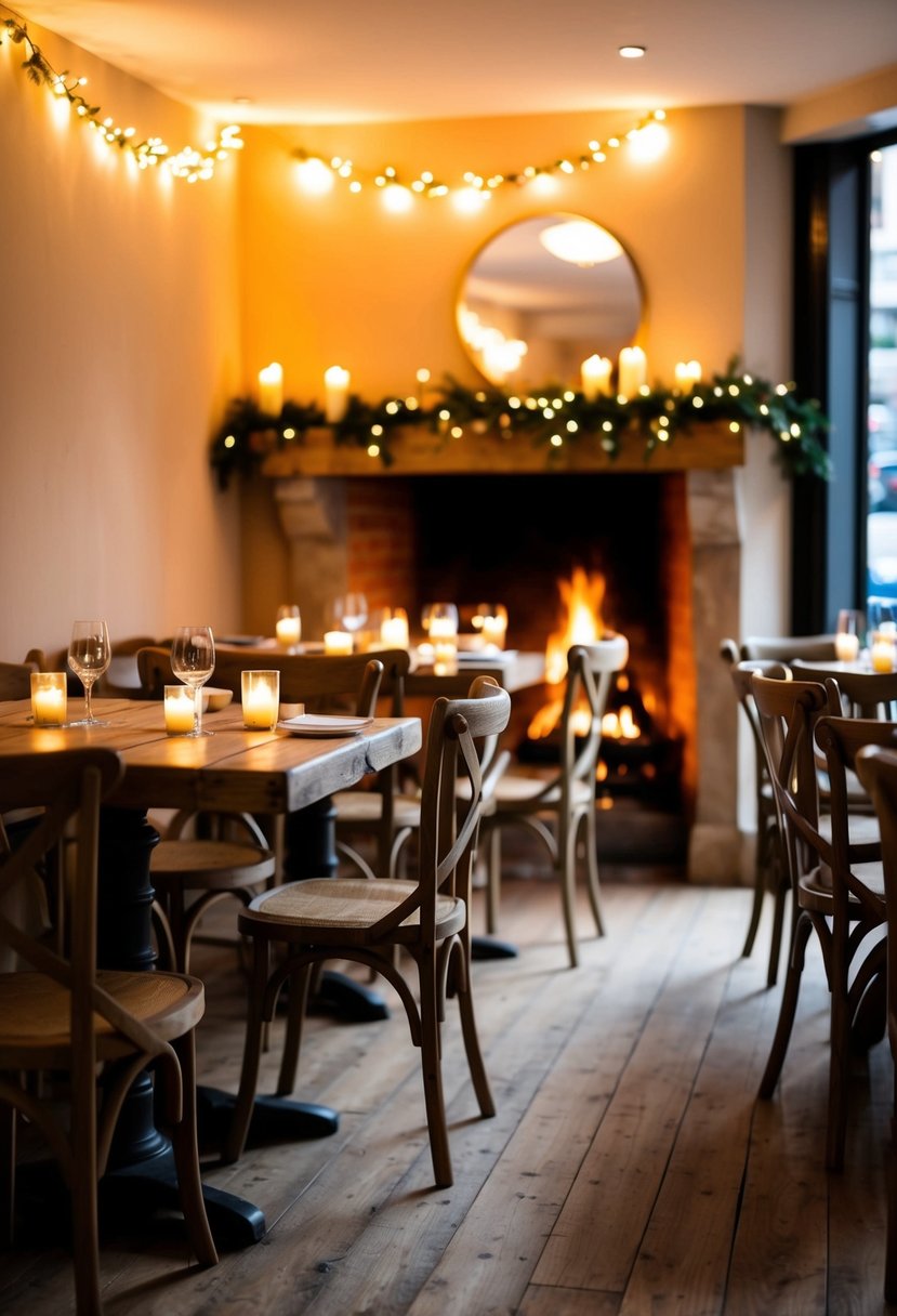 A small, warmly lit café with rustic wooden tables and chairs, adorned with soft, twinkling fairy lights and candles. A cozy fireplace crackles in the corner, creating a romantic and intimate ambiance for a winter wedding