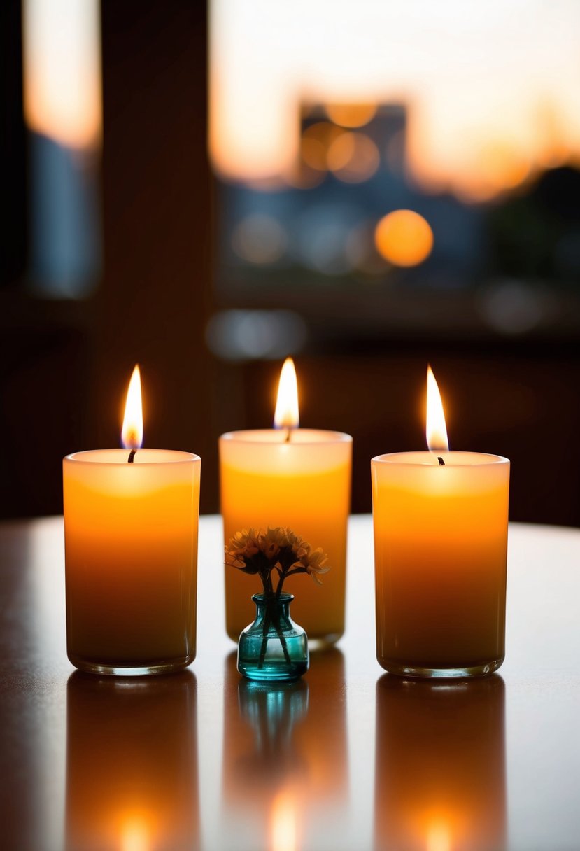 Three votive candles arranged in a line, with a small bud vase in the center. The candles are lit, casting a warm glow on the table