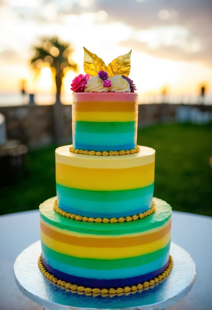 A three-tiered cake with sunset gradient layers, topped with a rainbow-colored frosting and edible gold leaf accents