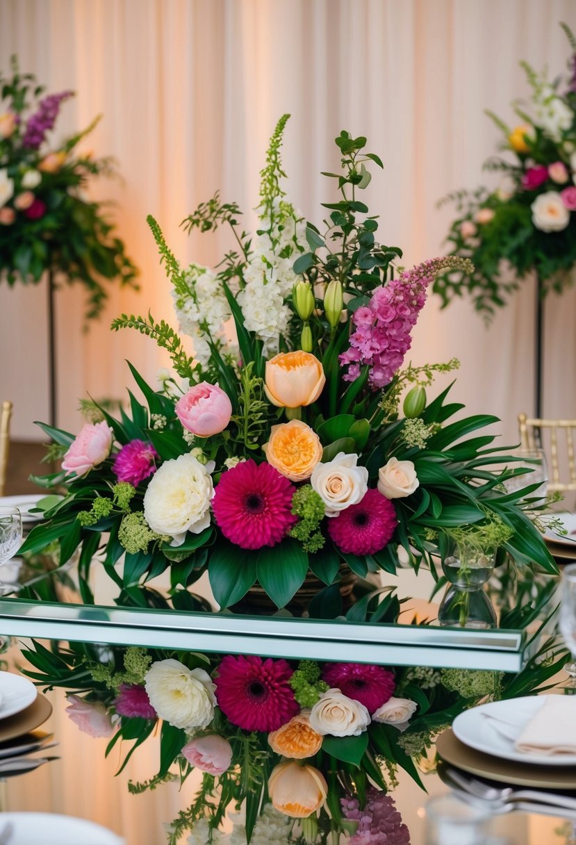 A mirrored plateau reflects a lush floral display, featuring vibrant blooms and greenery arranged in an elegant wedding centerpiece