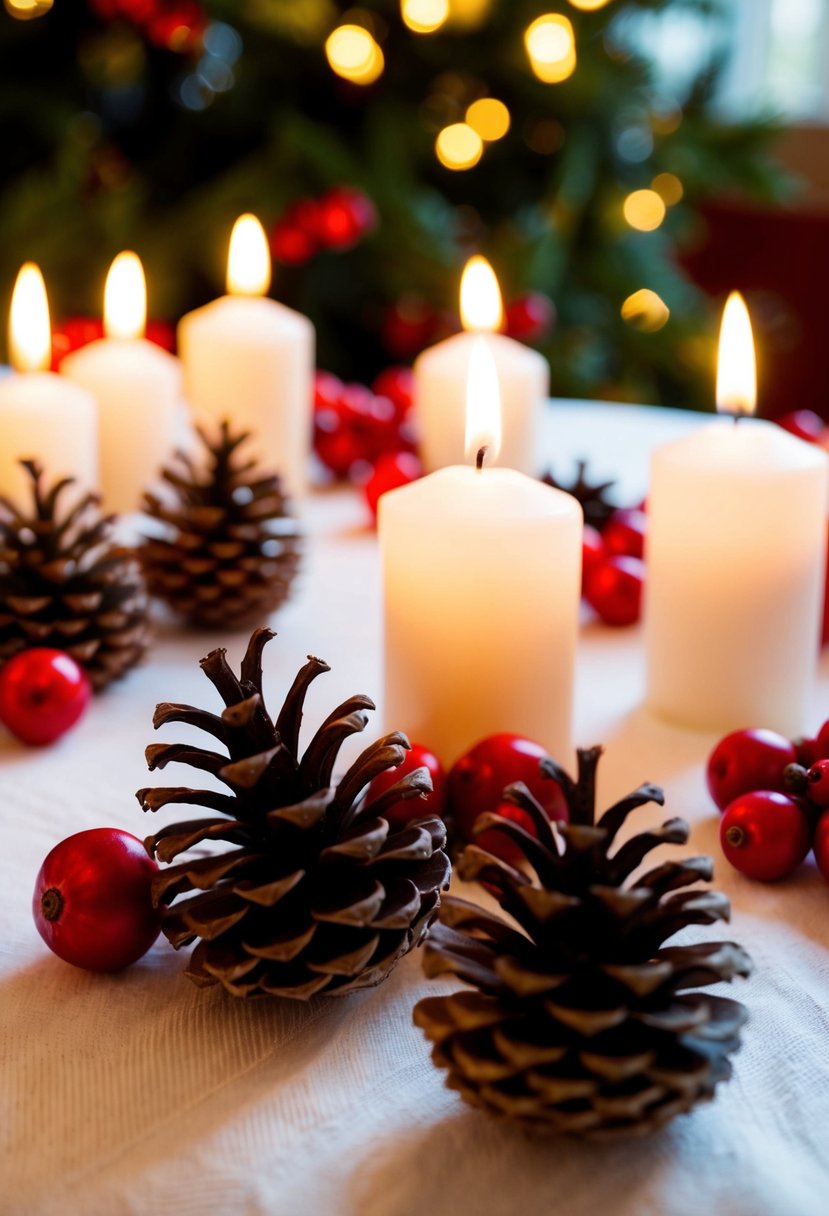 Pinecones and red berries arranged on a white tablecloth with candlelight