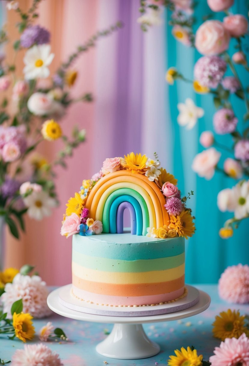 A vibrant rainbow cake adorned with colorful floral accents, set against a whimsical backdrop of pastel hues and delicate blooms