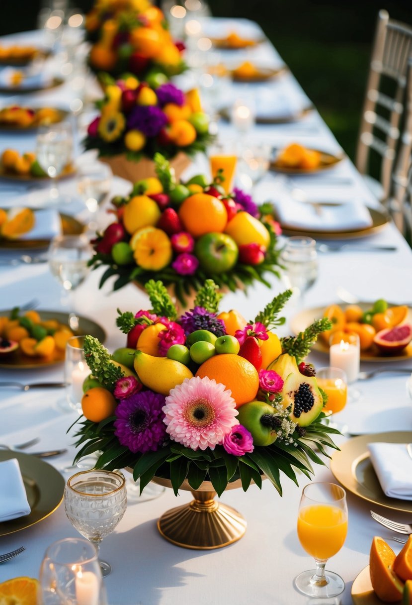 A table adorned with vibrant fruit and flower arrangements, serving as unique edible centerpieces for a wedding celebration