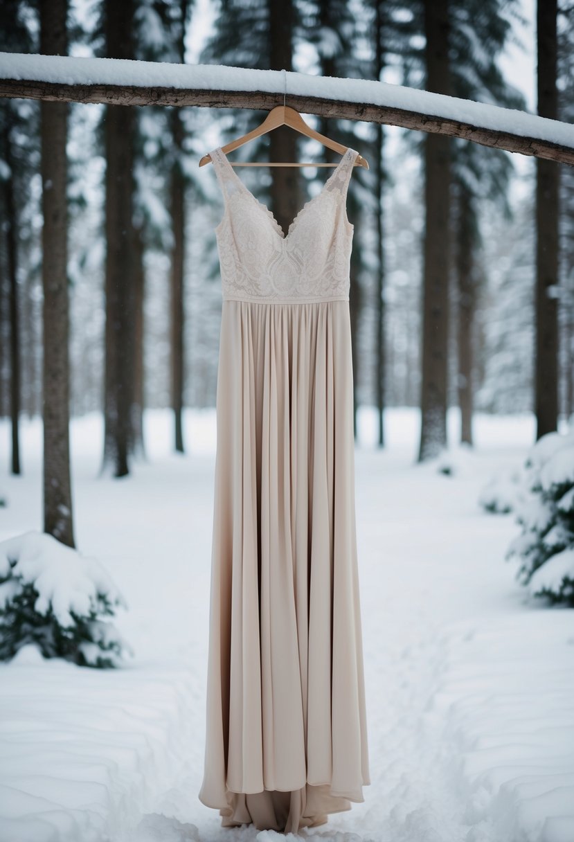 A simple, elegant gown hangs on a hanger in a cozy, snow-covered forest clearing