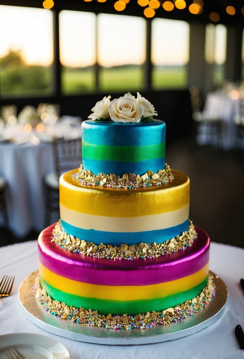 A multi-tiered wedding cake with metallic painted layers in vibrant rainbow colors, adorned with edible gold leaf and shimmering sprinkles