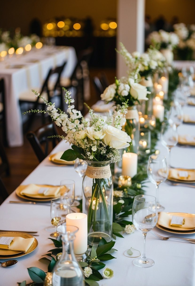 A table adorned with elegant, budget-friendly wedding centerpieces crafted from dollar store finds. Glass vases, faux flowers, and decorative accents create a beautiful display