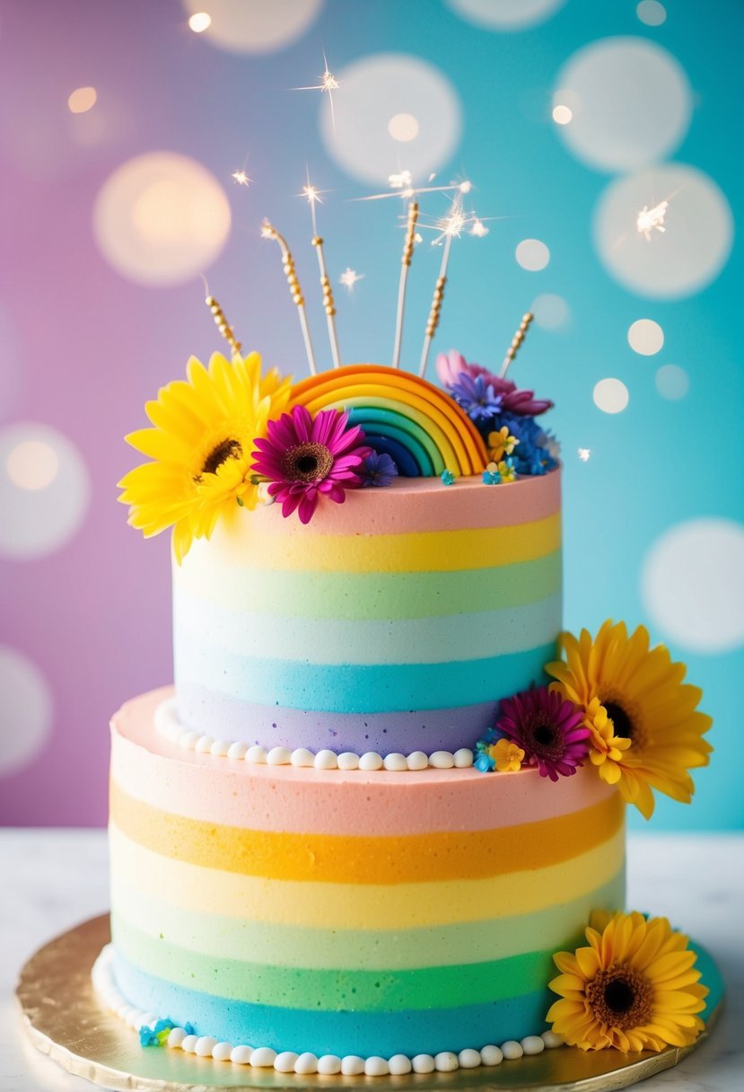 A multi-layered rainbow cake with gradual color fading, adorned with colorful flowers and sparkles