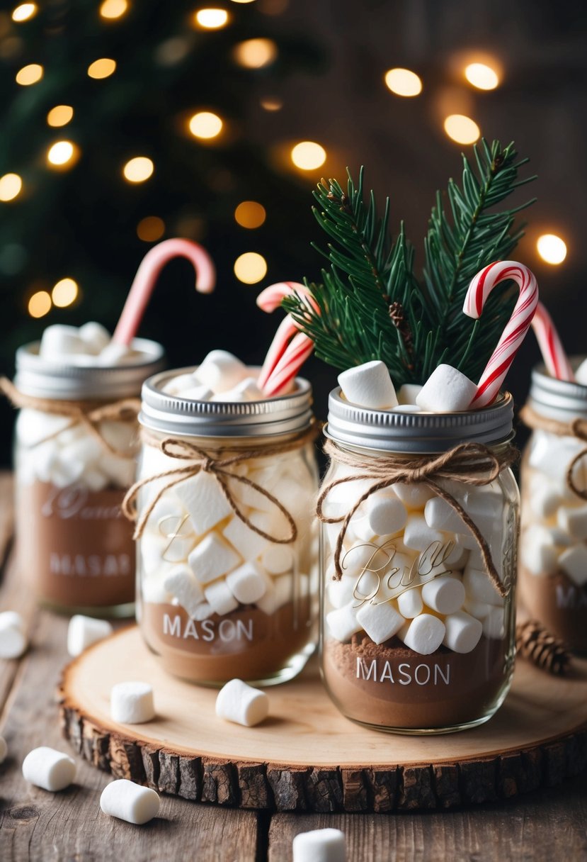 A cozy winter scene with mason jars filled with hot cocoa mix, marshmallows, and mini candy canes, tied with rustic twine and adorned with a sprig of pine