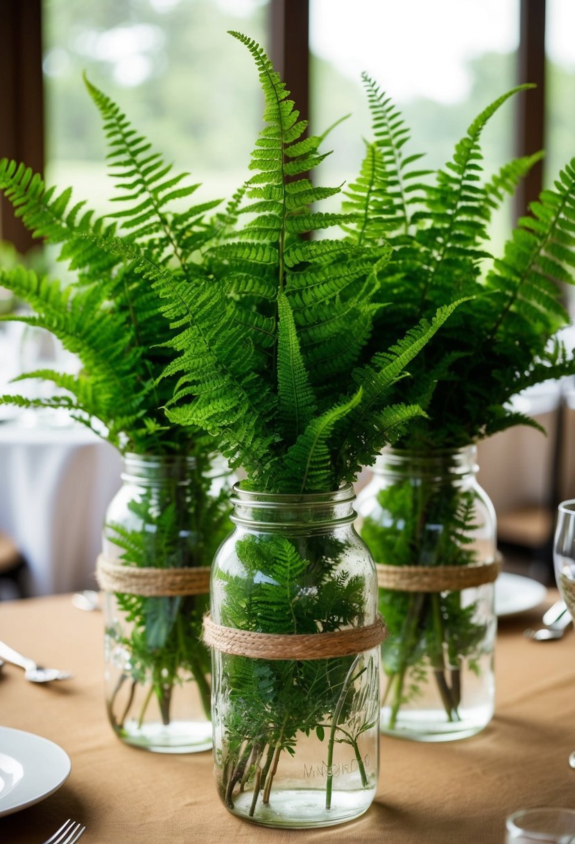 Lush green ferns in vintage glass jars, arranged as wedding centerpieces