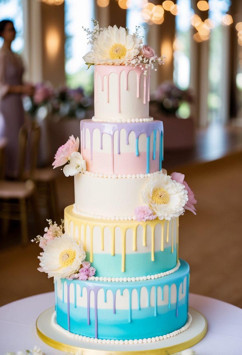 A tall, multi-tiered wedding cake with pastel rainbow-colored drips cascading down the sides, adorned with delicate edible flowers and shimmering sugar pearls