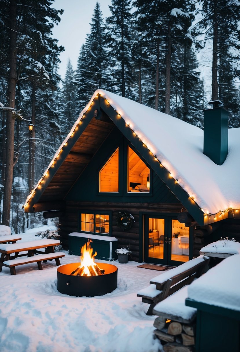 A cozy, snow-covered cabin nestled in the woods, with twinkling fairy lights and a crackling fire pit outside