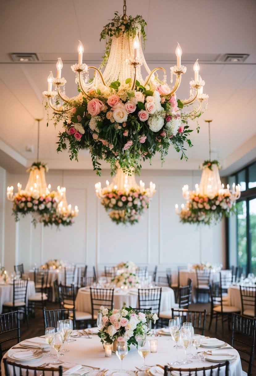 Floral chandeliers suspended above elegant wedding tables