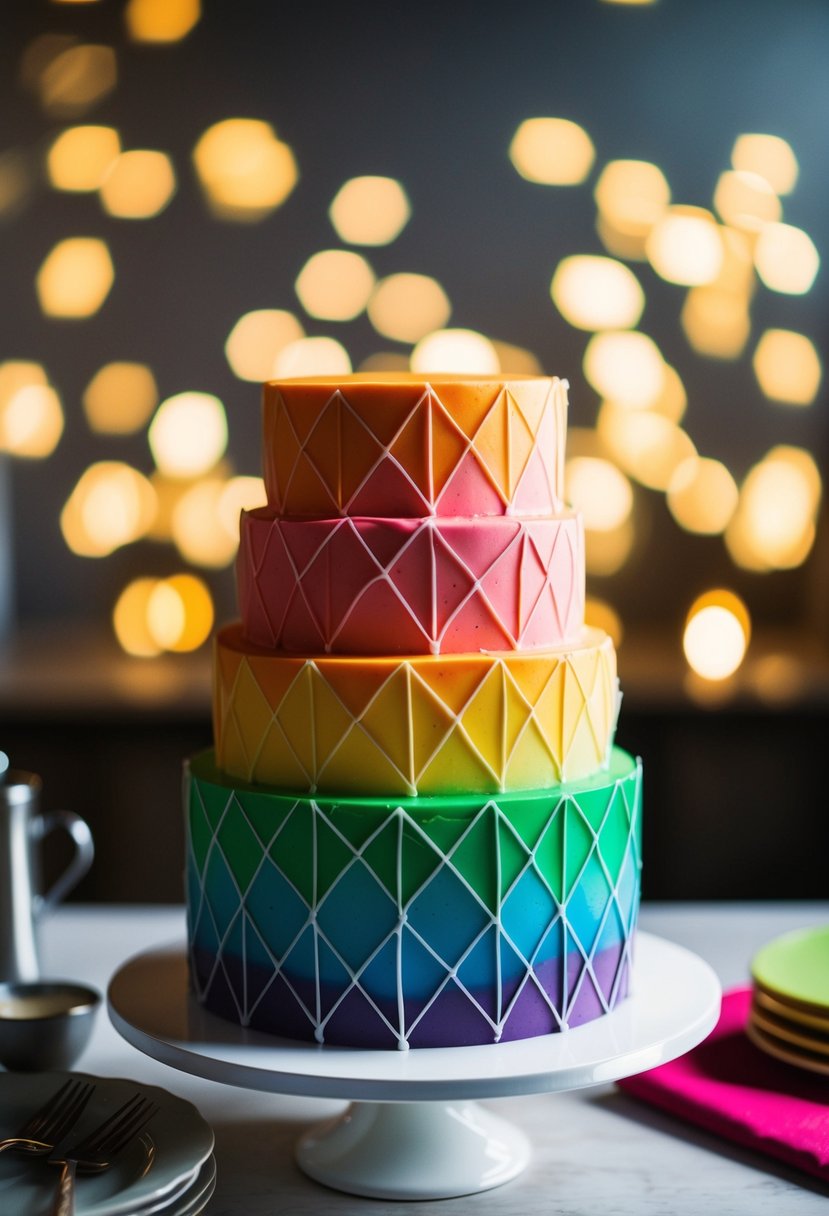 A multi-layered cake with geometric patterns in vibrant rainbow colors