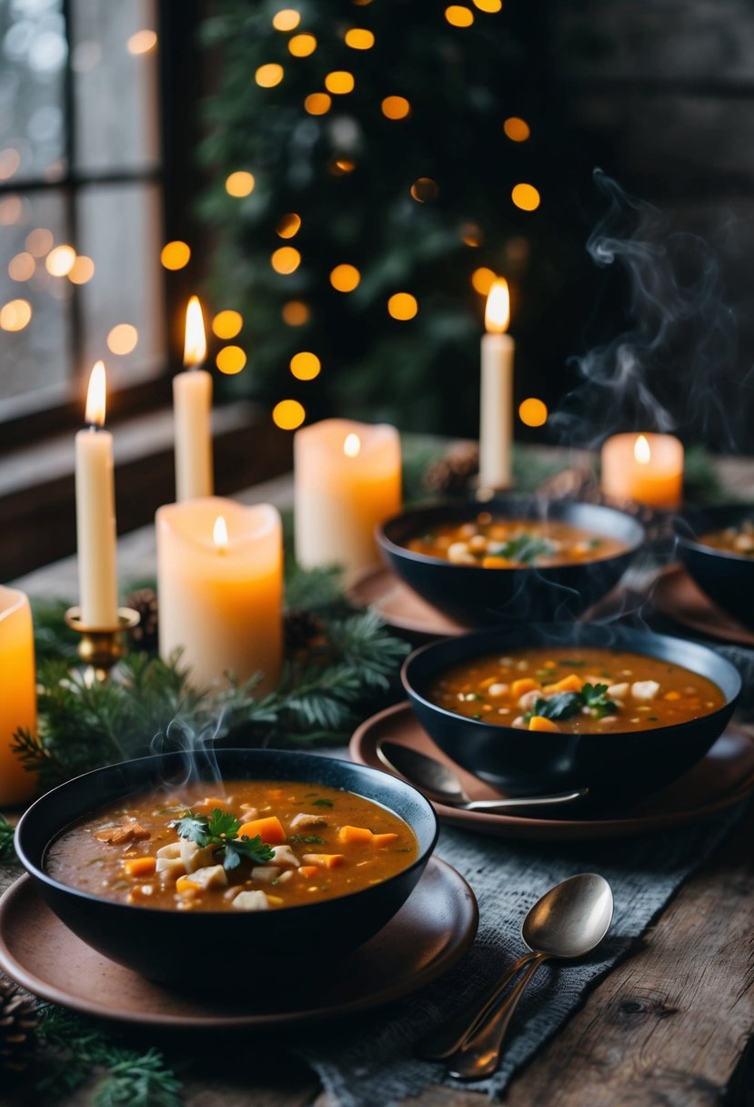 A rustic table set with steaming bowls of soup and stew, surrounded by flickering candles and winter foliage