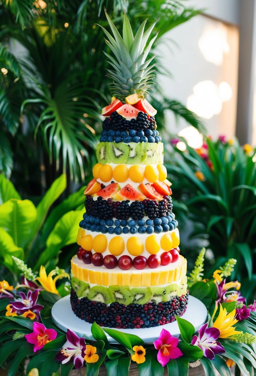 A tall, multi-layered cake with vibrant tropical fruits arranged in a rainbow pattern, surrounded by lush greenery and colorful flowers