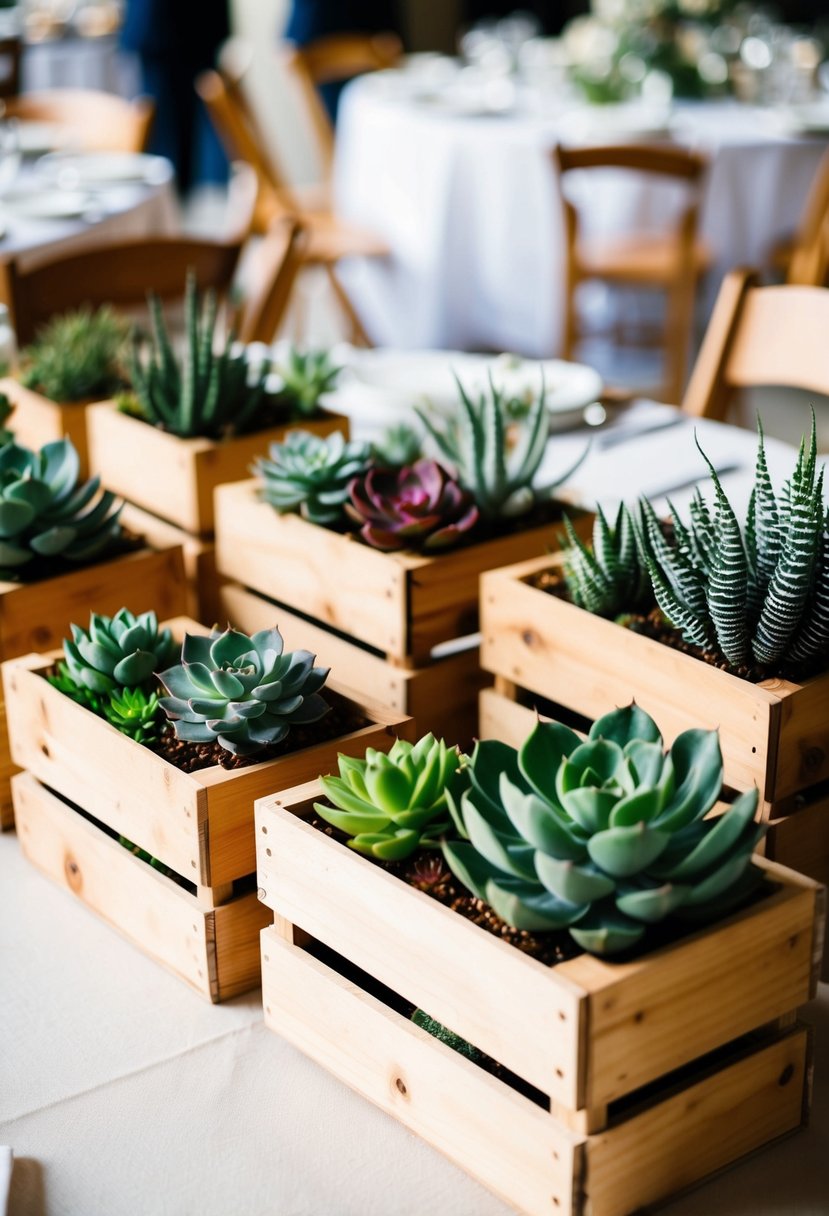 Wooden crates filled with various succulents arranged as wedding centerpieces