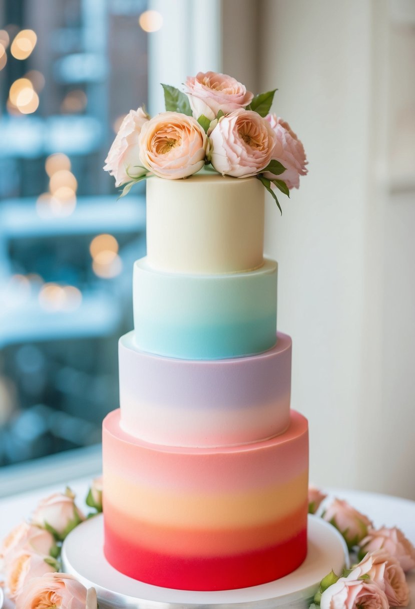 A tall, multi-layered cake with a smooth ombre gradient from vibrant red at the bottom to soft pastel colors at the top, adorned with delicate and intricate sugar roses