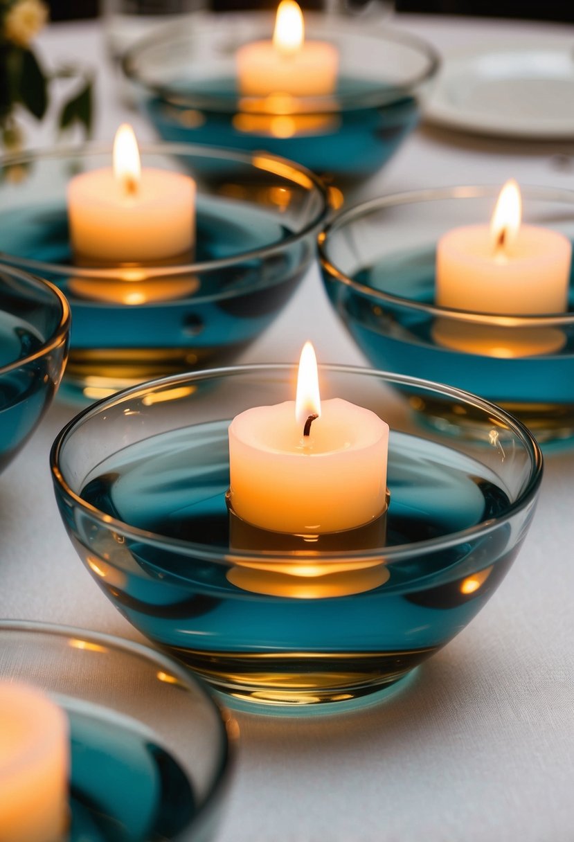 Several glass bowls filled with water and floating candles, arranged as wedding centerpieces