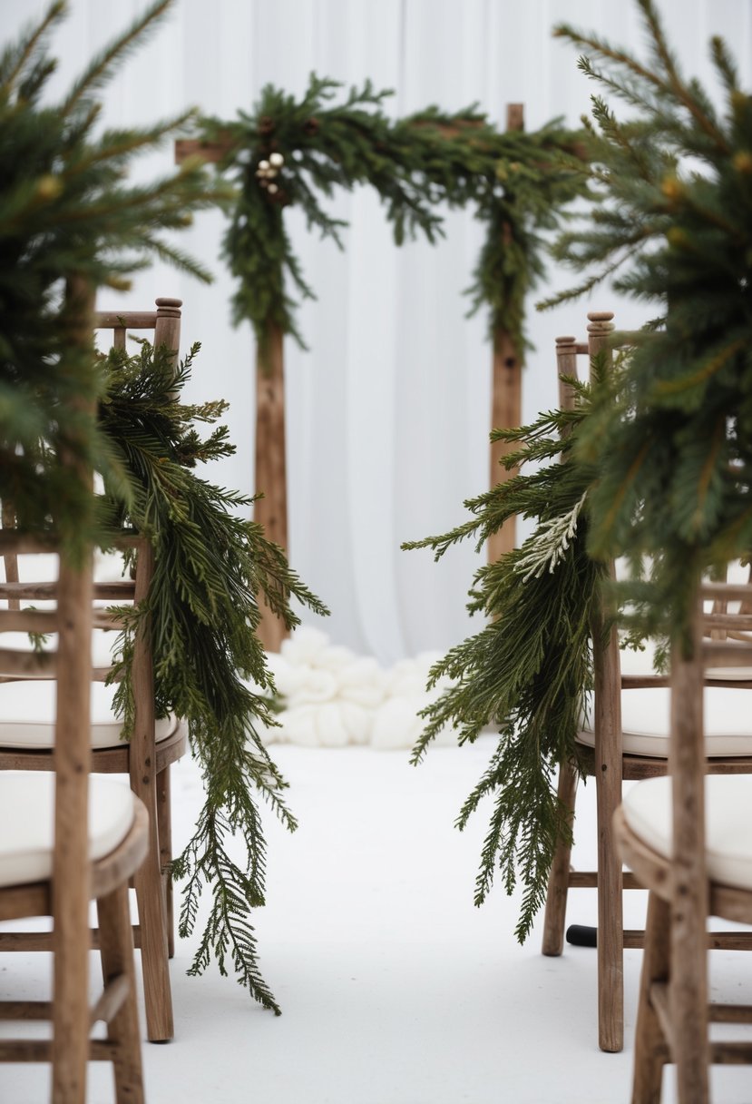 Evergreen branches woven through rustic wooden chairs and draped over a simple white altar, creating a natural and budget-friendly decor for a winter wedding