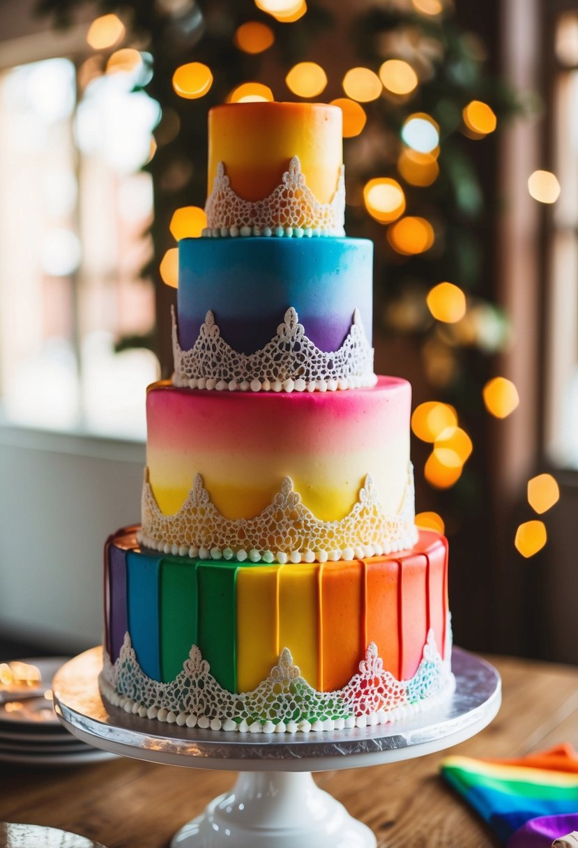 A multi-tiered rainbow cake with intricate lace details in vibrant colors