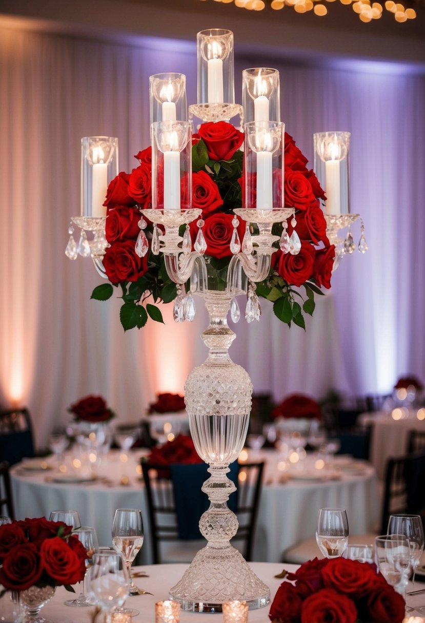 A grand crystal candelabra adorned with vibrant red roses, serving as an elegant wedding centerpiece