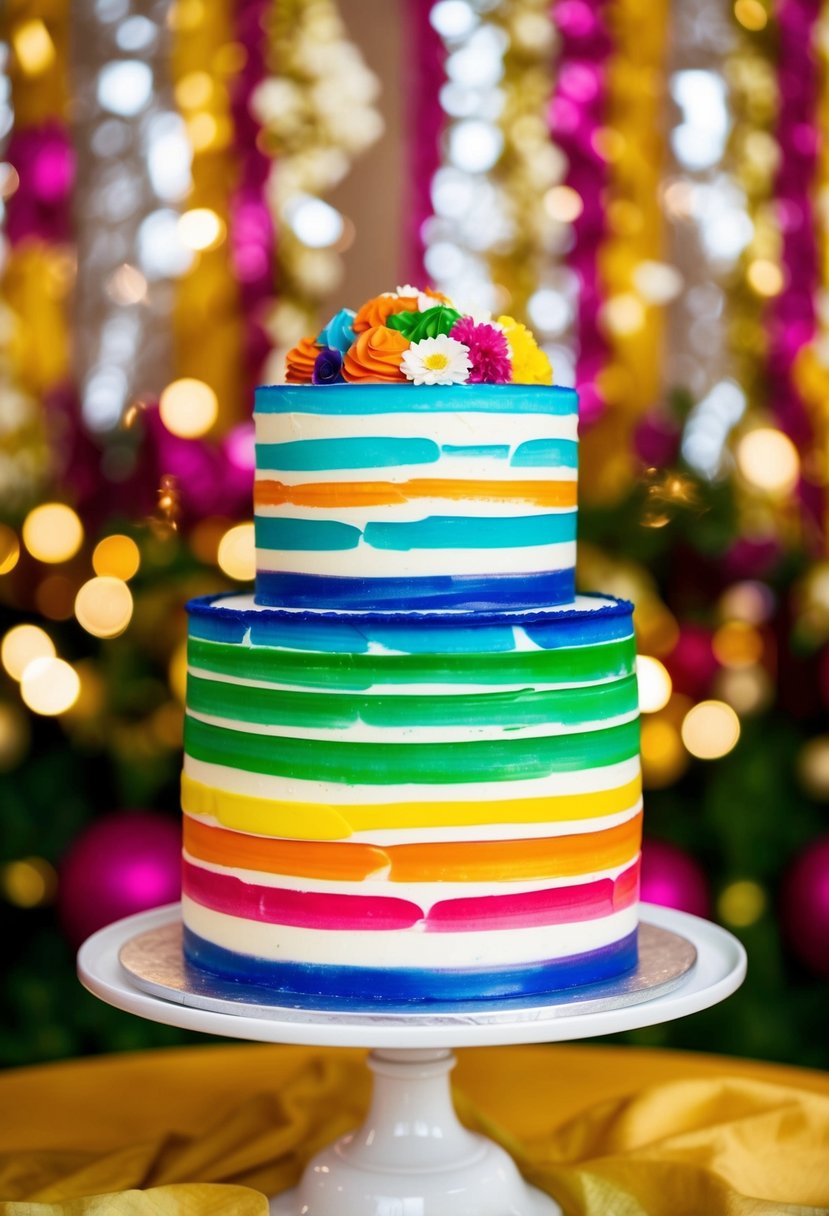 A multi-layered rainbow cake with vibrant brushstroke patterns and colorful icing, set against a backdrop of festive wedding decorations