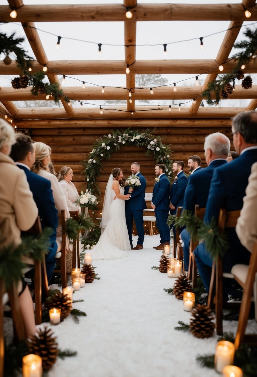 A cozy winter wedding ceremony in a rustic setting, with twinkling lights, pinecone decorations, and a small gathering of loved ones