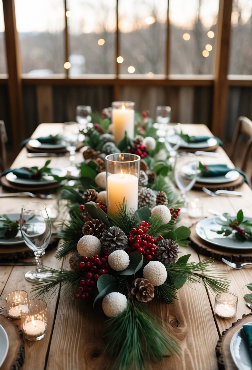 A rustic wooden table adorned with faux winter berries and greenery, creating a budget-friendly and elegant winter wedding centerpiece