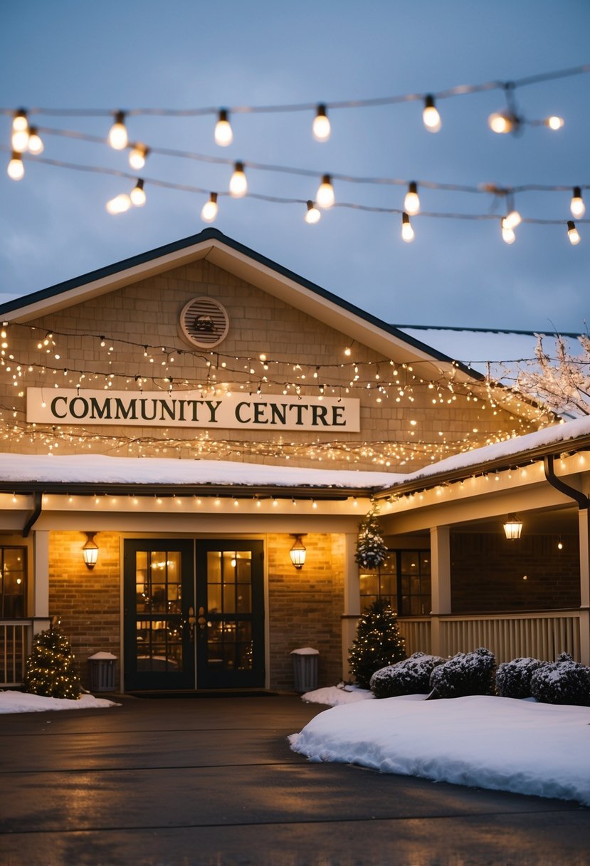 A cozy community center with twinkling lights and snowflakes, perfect for a budget-friendly winter wedding