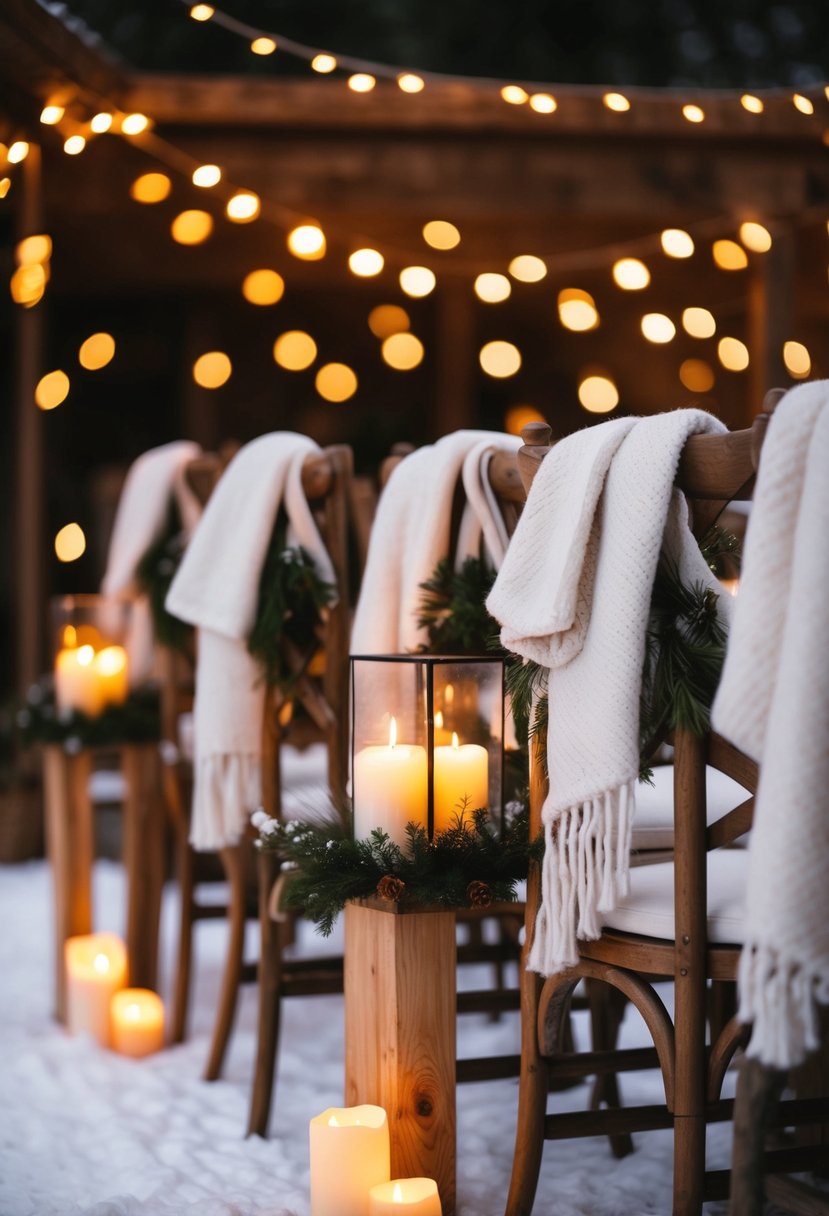 A cozy winter wedding scene with rustic chic decor, featuring warm candlelight, wooden accents, and soft blankets draped over chairs