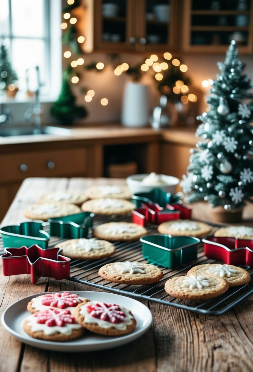 A cozy kitchen scene with a rustic wooden table adorned with freshly baked cookies, icing, and festive winter-themed cookie cutters