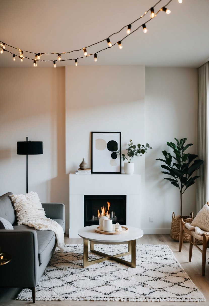 A cozy, minimalist living room with a fireplace, modern decor, and twinkling string lights