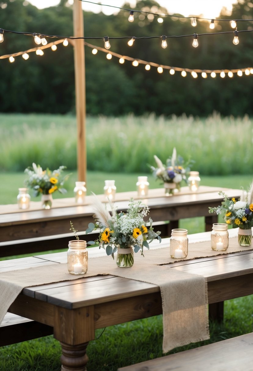 A simple outdoor ceremony with wooden benches, string lights, and wildflower centerpieces. A vintage barn reception with burlap table runners and mason jar candles