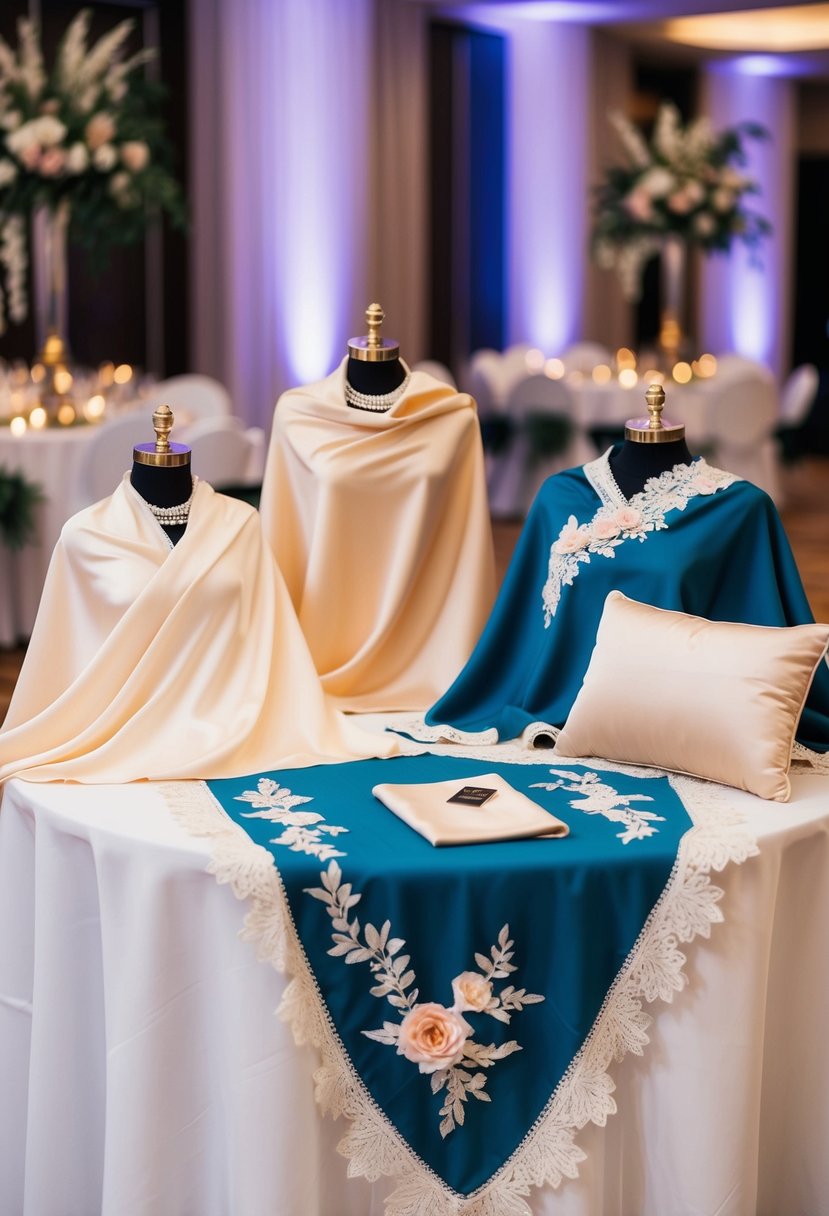 A group of elegant shawls and wraps displayed on a table at a wedding reception, with floral and lace designs