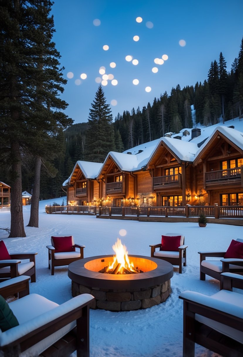 A cozy ski lodge with snow-covered cabins, twinkling lights, and a crackling fire pit surrounded by pine trees