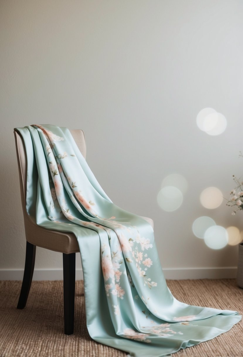 A flowing silk kimono draped over a chair, with delicate floral patterns and a soft, pastel color palette