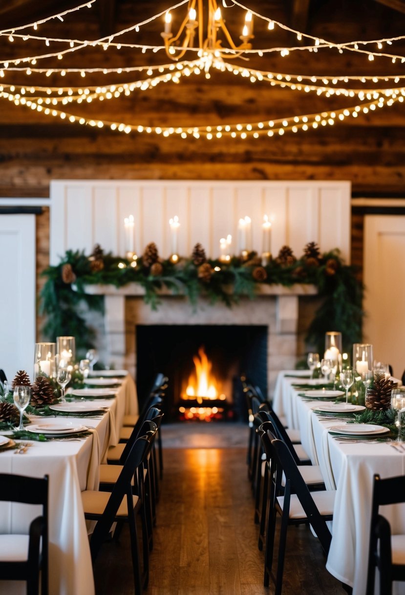 A cozy winter reception at a rustic hall, adorned with twinkling lights, pinecone centerpieces, and a crackling fireplace