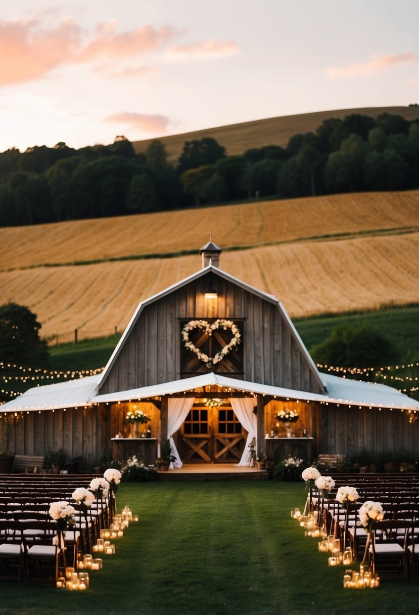 A charming barn venue adorned with twinkling lights and rustic decor, set against a backdrop of rolling hills and golden fields