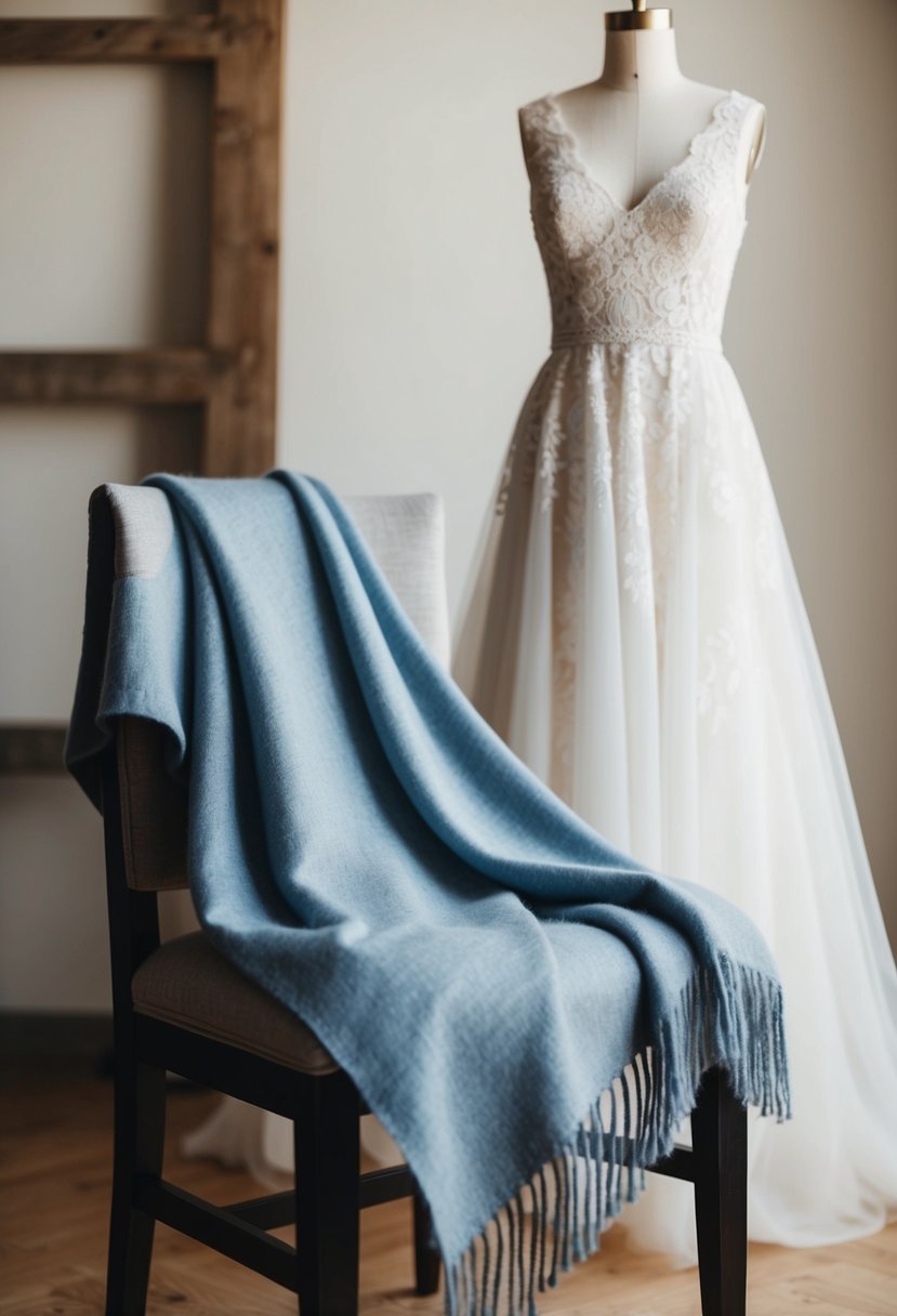 A cashmere poncho draped over a chair with a delicate lace wedding dress in the background