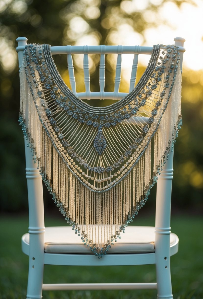 A beaded capelet drapes over a chair, catching the light with its intricate design and delicate shimmer