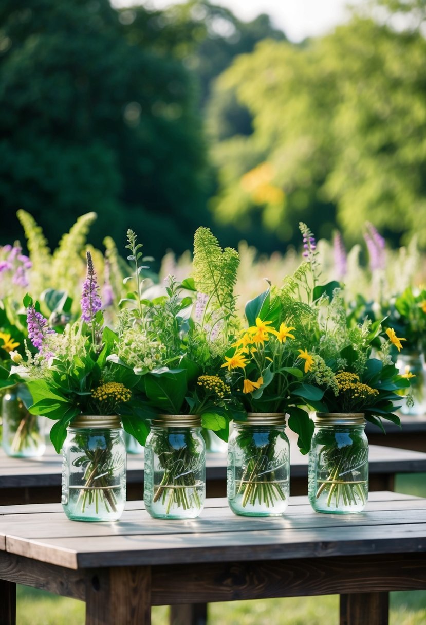 Lush green foliage and wildflowers arranged in mason jars on wooden tables