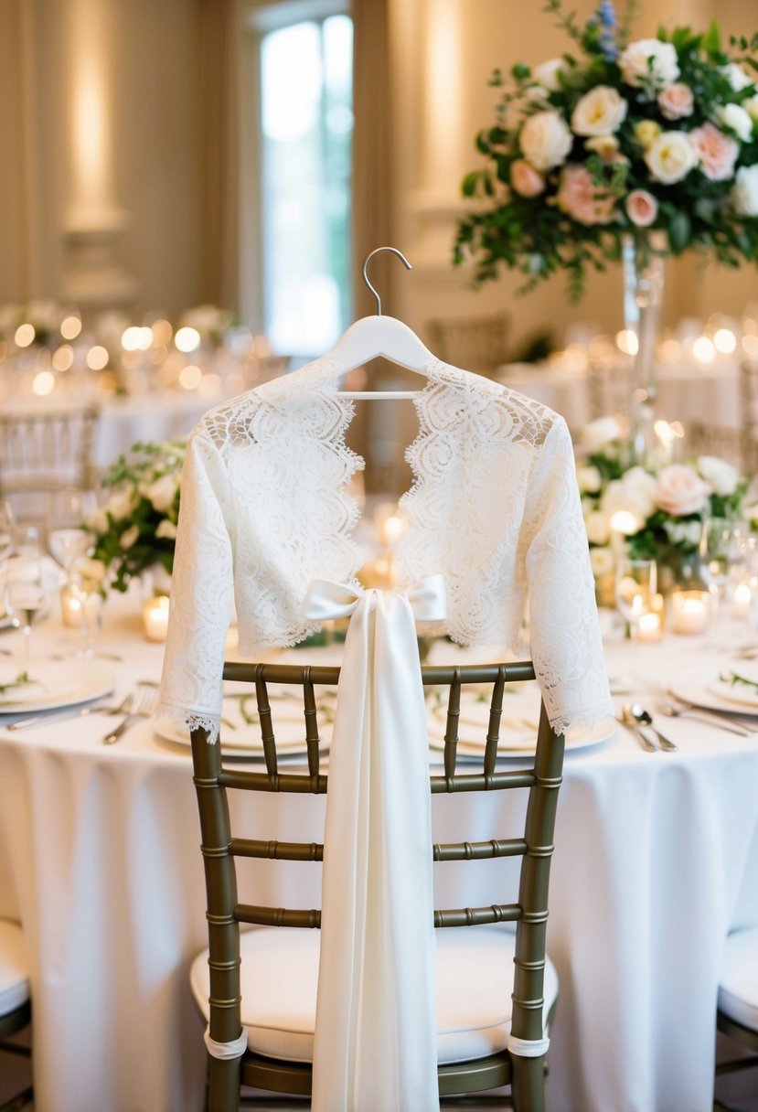 A lace bolero draped over a chair, surrounded by delicate floral arrangements and elegant table settings at a wedding reception