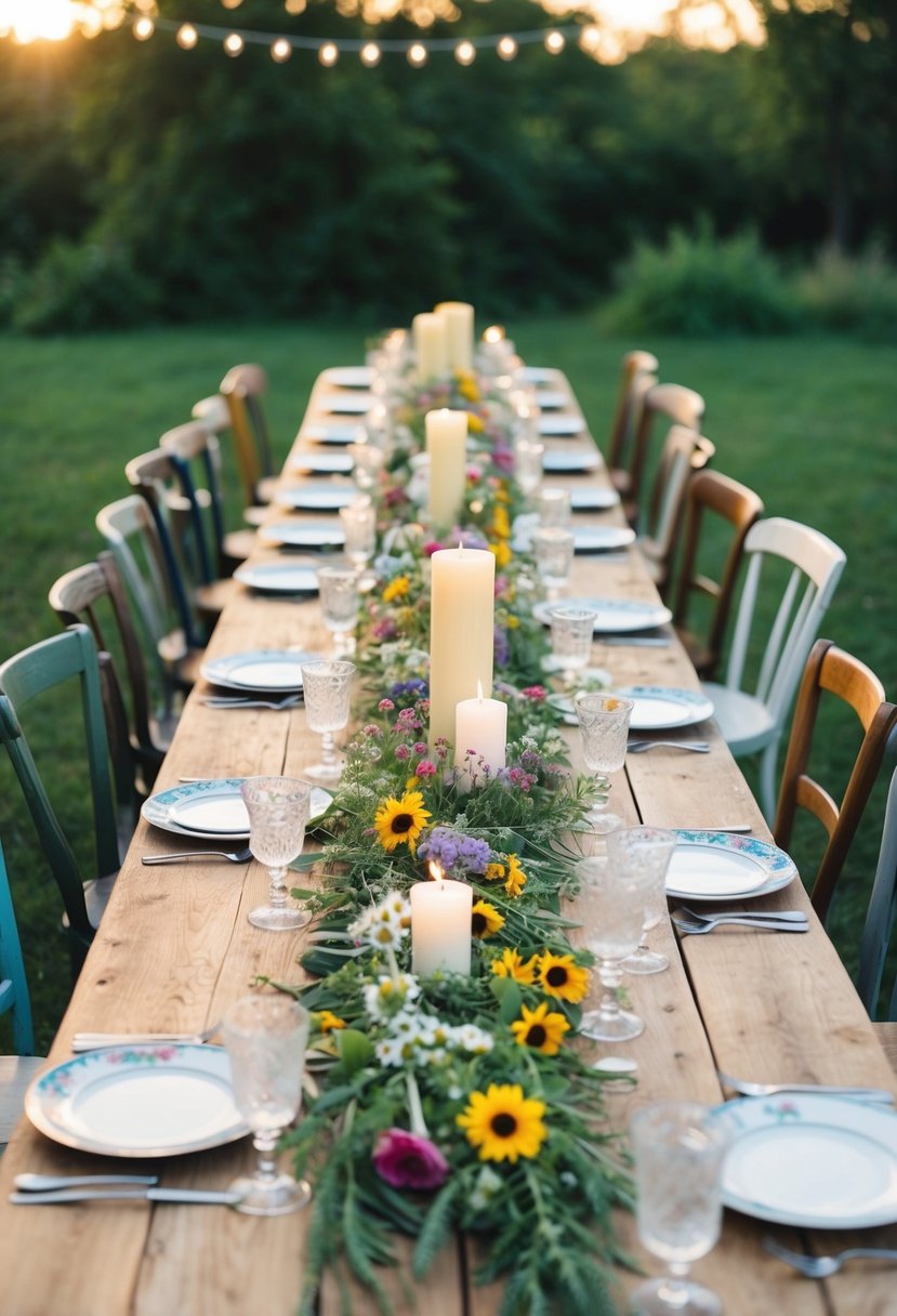 A long wooden table adorned with wildflowers and candles, surrounded by mismatched vintage chairs in an outdoor setting