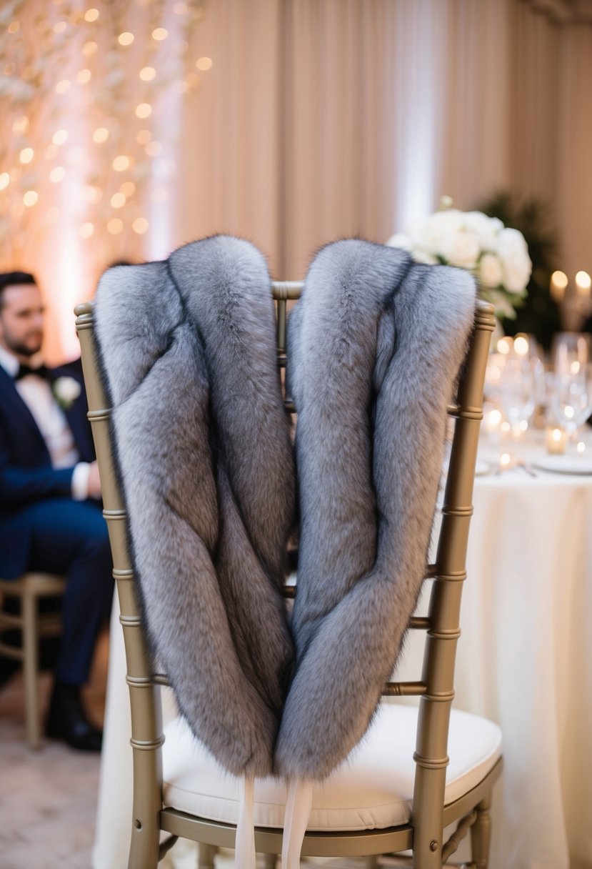 A luxurious faux fur stole draped over the back of a chair at a glamorous wedding reception